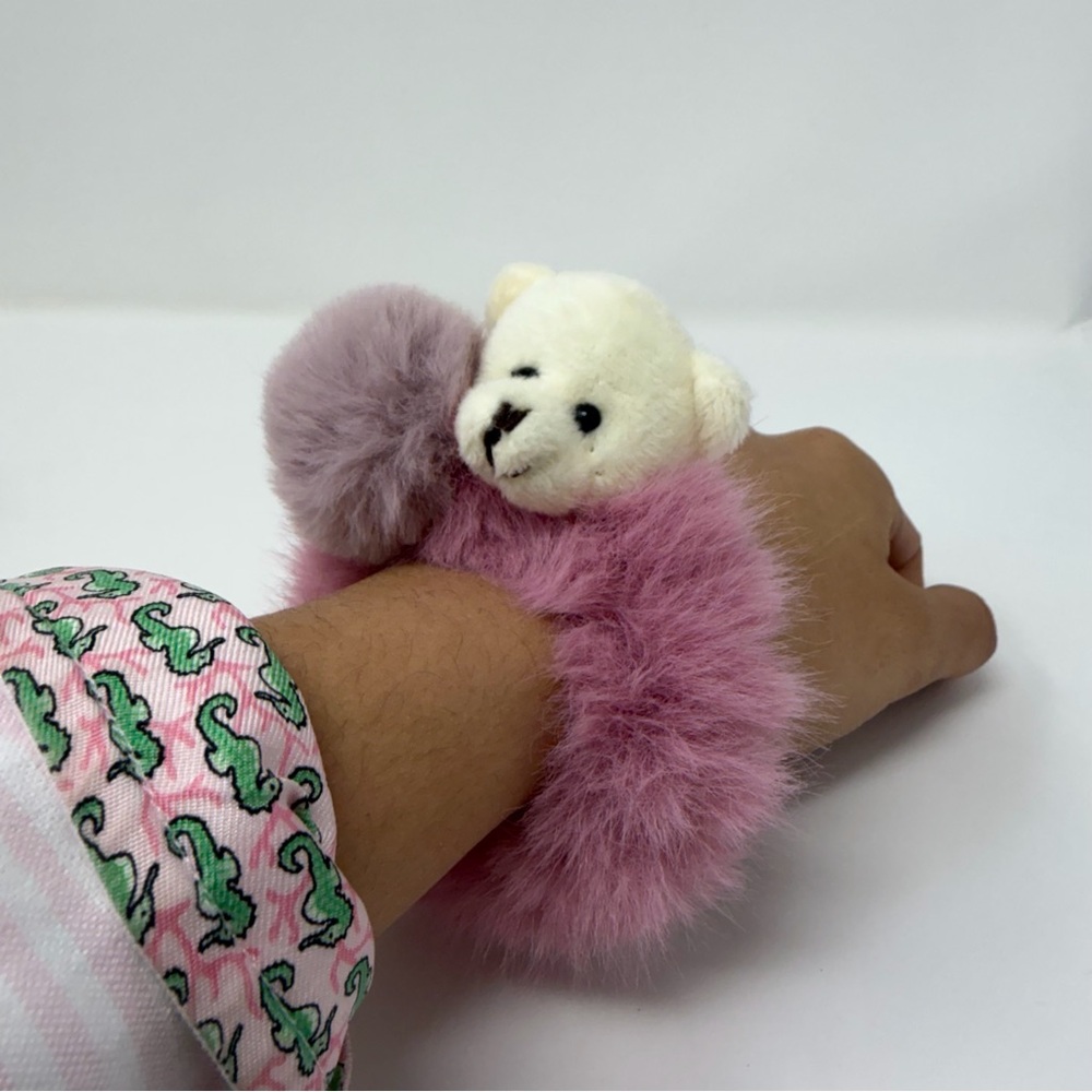Fluffy Pink Teddy Bear Scrunchie – Plush Faux Fur Hair Tie with Pom Detail